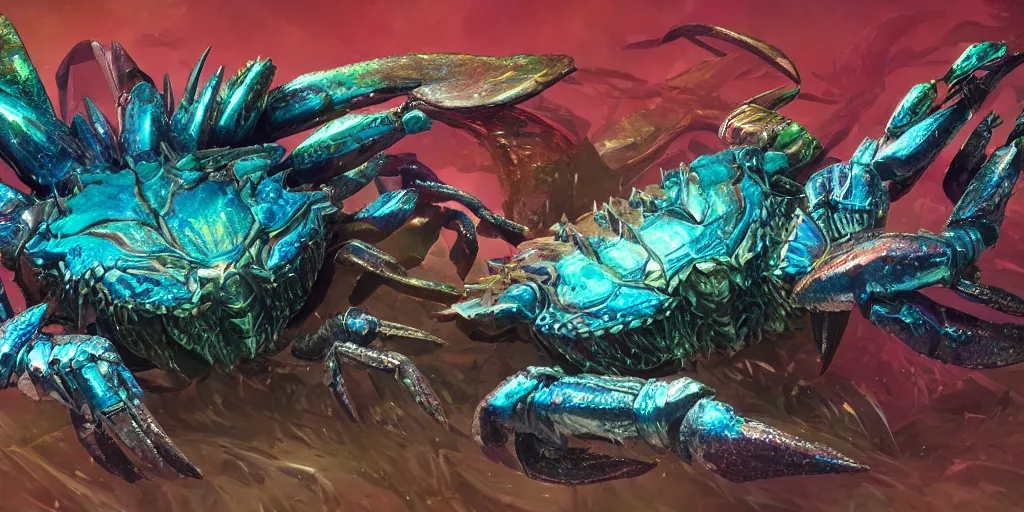 Image similar to Iridescent crab seamonster, character design sheet, Monster Hunter Illustrations art book, diamond sharp claws, huge arms, iridescent shards on its back, Moebius, Greg Rutkowski, Zabrocki, Karlkka, Jayison Devadas, Phuoc Quan, trending on Artstation, 8K, ultra wide angle, zenith view, pincushion lens effect.