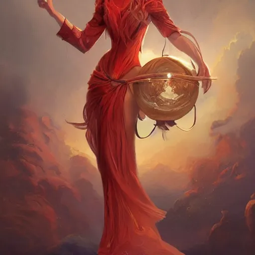 Image similar to A woman floats in midair, encircled by a ring of fire. She wears a crimson gown and her hair is wild and flowing. In her hands she holds a staff adorned with a large crystal ball, trending on artstation, by Lulu Chen and Mandy Jurgens