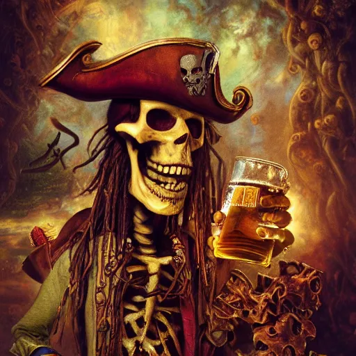 Image similar to pirate skeleton drinking beer by Annie Leibovitz M.W. Kaluta, josephine wall, green wood, nature, 8k resolution, octane render, Trending on artstation, by Justin Gerard and Haeckel. Artstation, volumetric light