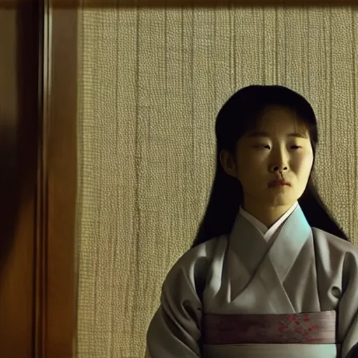 Image similar to woman in hanbok sitting on a couch, starfish monster's shadow is seen behind her, korean interior, cinematography by denis villeneuve and akira kurosawa and ishiro honda