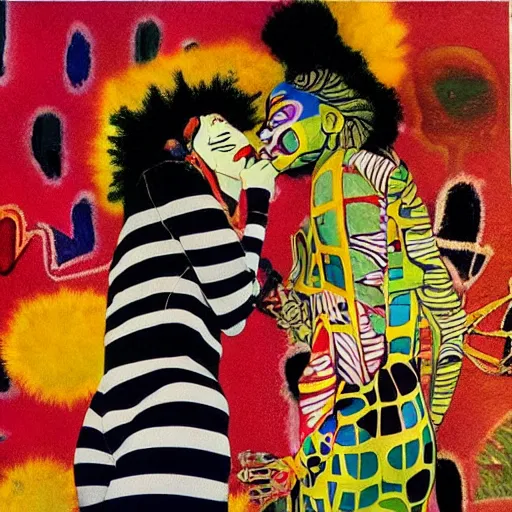 Image similar to beautiful painting of two bizarre psychedelic women kissing each other closeup in tokyo in autumn, speculative evolution, mixed media collage by basquiat and junji ito, magazine collage art, paper collage art, sapphic art, lesbian art