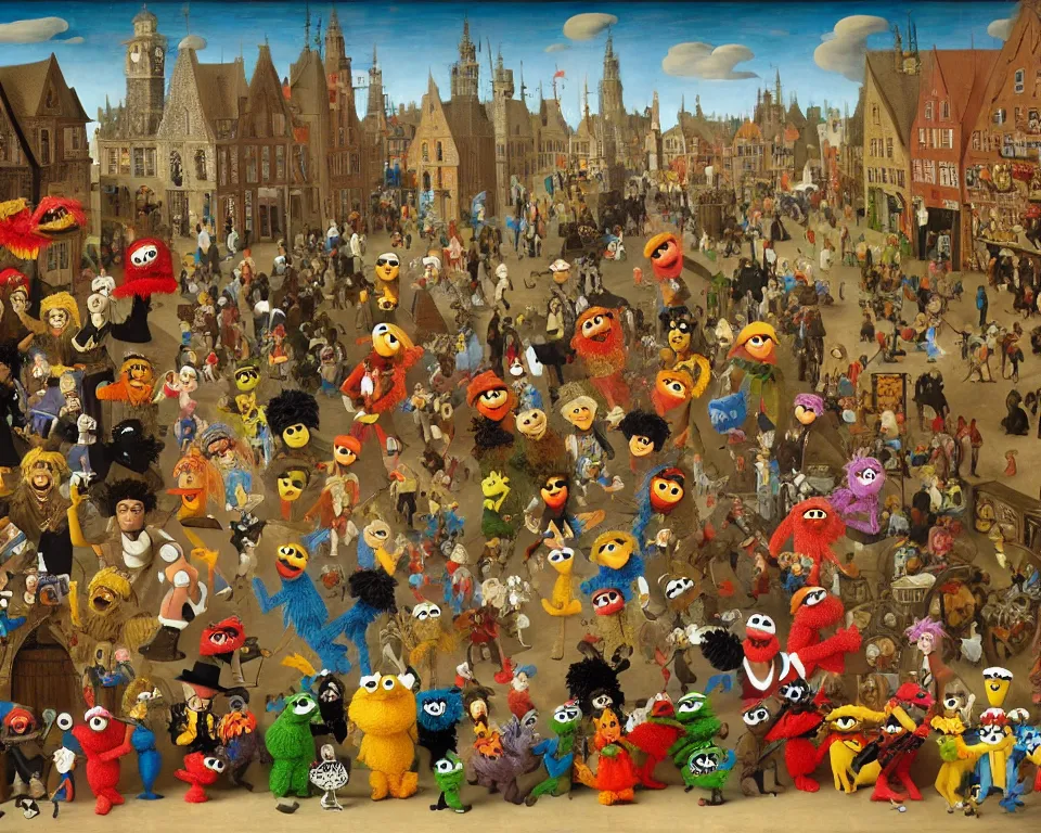 Image similar to sesame street muppets art by hieronymus bosh, triumph of death by pieter brueghel