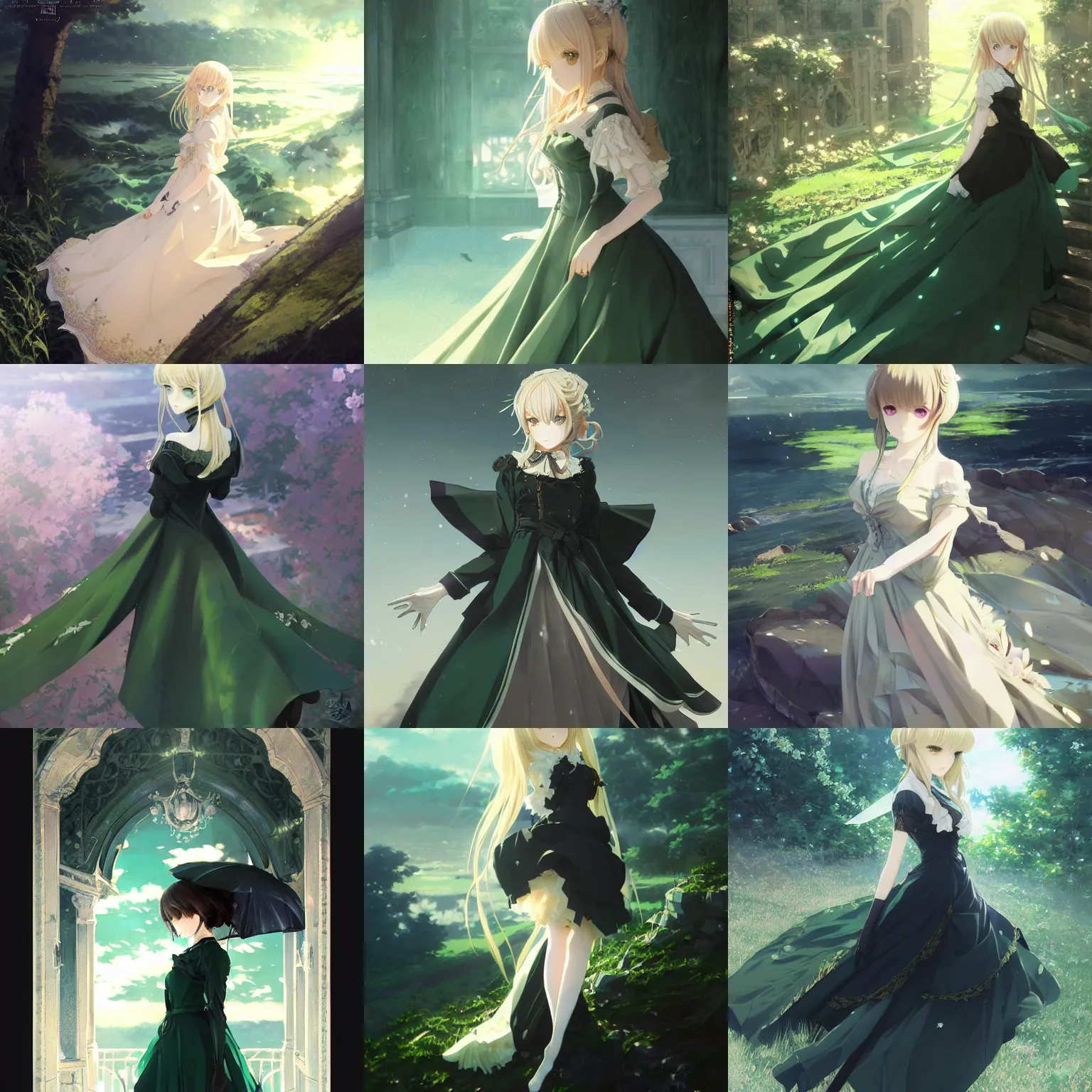 Prompt: victorique de blois anime girl gosick super detailed green eyes green eyes green eyes green eyes elegant black dress blonde hair by greg rutkowski makoto shinkai aramaki shinji artgerm, cushart krenz key art feminine award winning scenery art detailed, volumetric lighting, by range murata