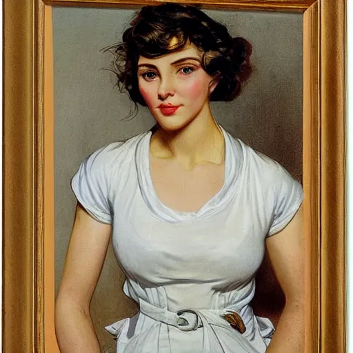 Image similar to epic portrait an nurse in a white dress and short sleeves, beautiful, shiny skin, wet flowing hair, made by j. c. leyendecker