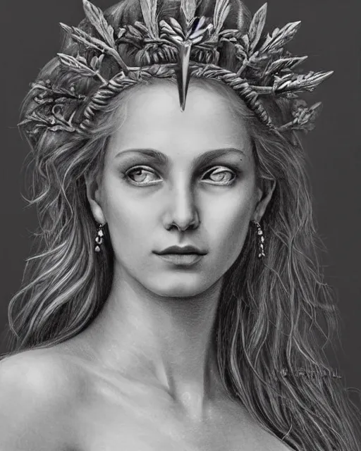 Image similar to long shot realism pencil drawing of the beautiful greek goddess aphrodite wearing a laurel wreath and arrowhead earrings, beautiful confident eyes, beautiful flowing hair, white god eyes, hyper realistic face, in the style of greg rutkowski, fantasy, amazing detail, epic, elegant, smooth, sharp focus, from the front