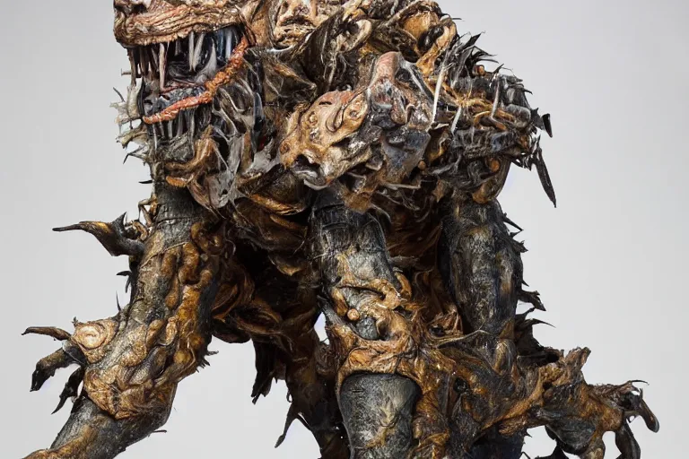 Image similar to photo taken of an epic intricate, ultra detailed, super realistic gritty, hero prop, exquisitely weathered animatronic movie prop of a lifelike sculpture of a nightmarish creature displayed in the workshop, created by weta workshop, full body shot, photorealistic, sharp focus