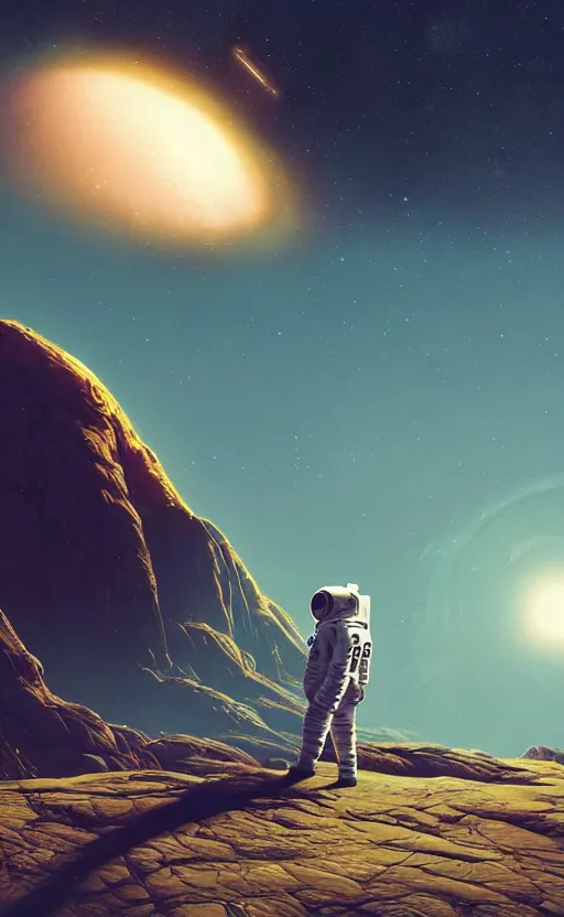 Image similar to A astronaut gazing upon an amazing alien landscape, digital art, breathtaking, golden ratio, extremely detailed, establishing shot, hyperrealistic, cinematic lighting, particles, unreal engine, simon stålenhag, rendered by Beeple, Makoto Shinkai, syd meade, simon stålenhag, Ruan Jia, Kentaro Miura, environment concept, artstation, octane render, 8K UHD image