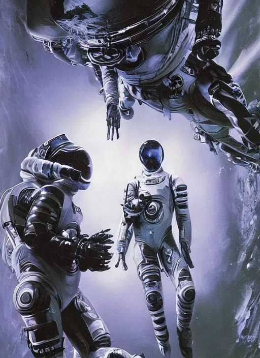 Image similar to astronauts in dark void underwater - complex and hyperdetailed technical suit. reflection and dispersion materials. rays and dispersion of light. volumetric light. f / 3 2. noise film photo. flash photography. ultra realistic, wide angle. poster by wayne barlowe, hajime sorayama aaron horkey, craig mullins