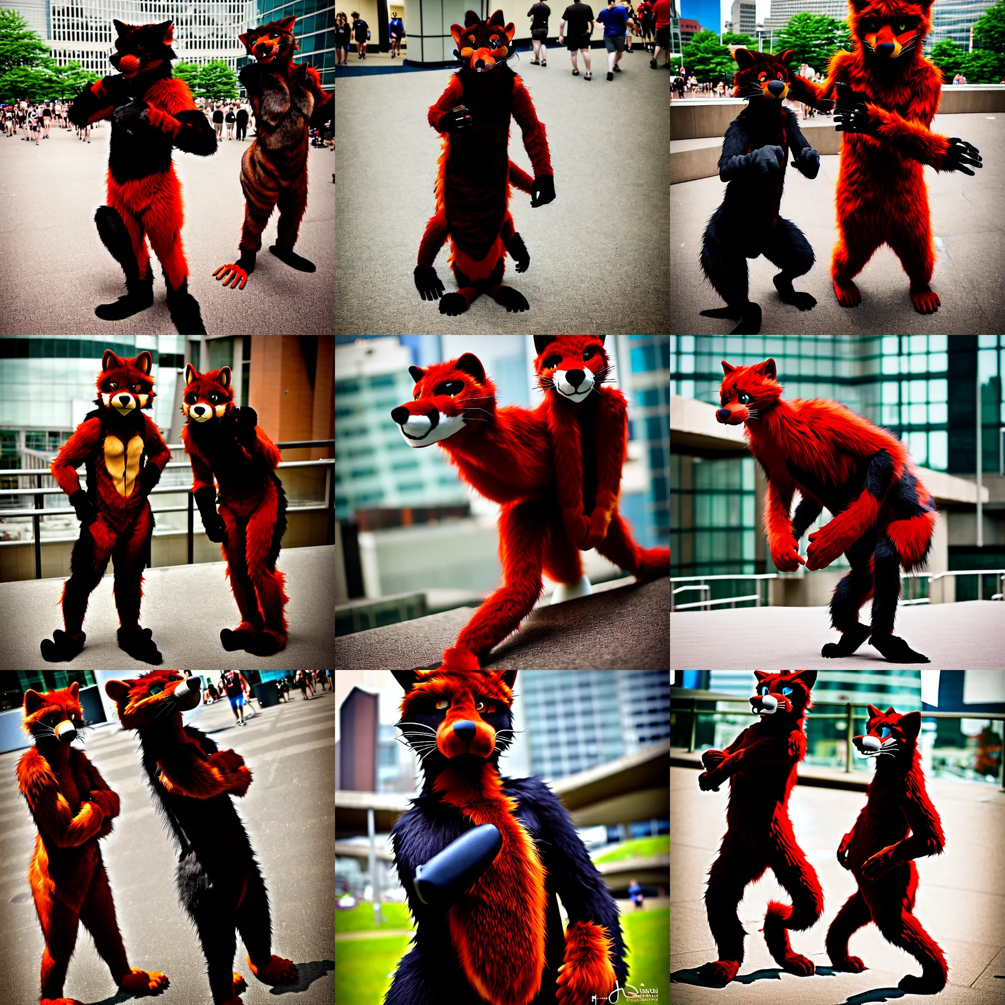 Prompt: fullbody photoshoot photo portrait of a roguish male red - black furred bipedal weasel furry fursona / fursuiter, photorealistic, taken at anthrocon ( furry convention )