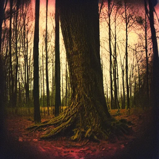 Image similar to eerie polaroid of a peaking out from behind a tree in a forest at dusk