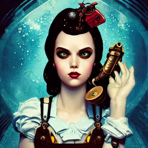 Prompt: lofi underwater bioshock steampunk portrait, pretty face, makeup, Pixar style, by Tristan Eaton Stanley Artgerm and Tom Bagshaw.