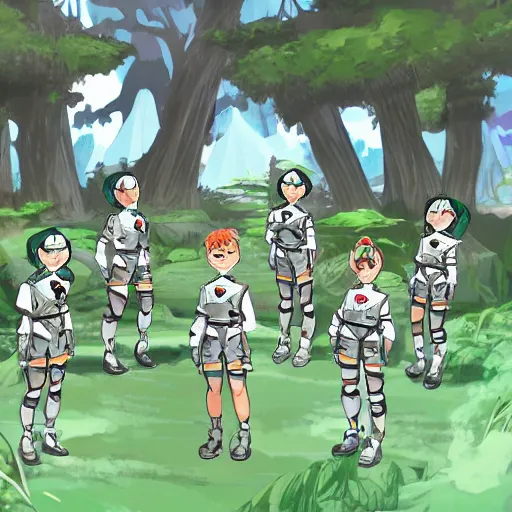 Prompt: a squad of space scouts wearing camo uniforms with white armor exploring a forest planet anime style