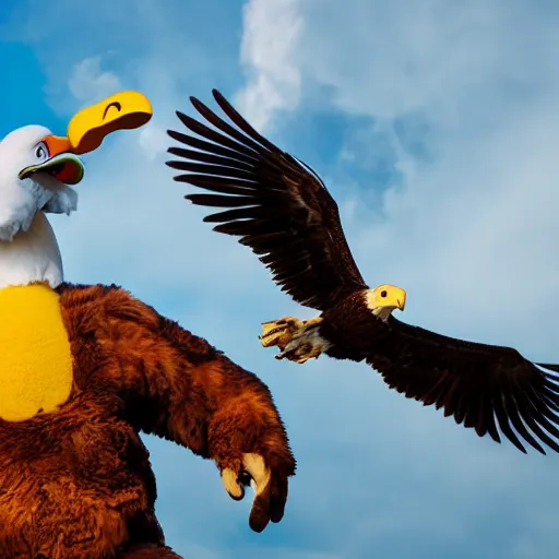 Image similar to cinematic photo of a giant eagle snatching away the oregon duck mascot with its talons, camera is looking up at the subject in the sky with fancy clouds behind