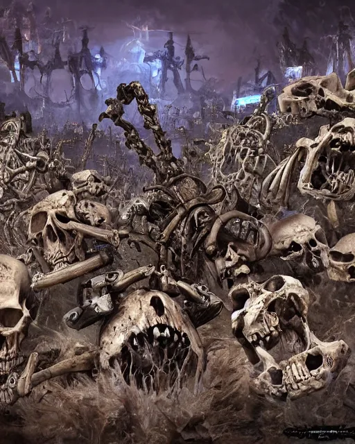 Prompt: an epic action concept masterpiece of a bone yard full of skeletons, inspired by sd ai. horrific digital art