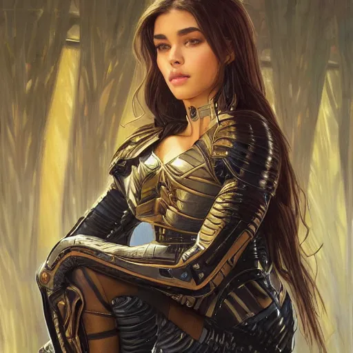 Image similar to portrait of madison beer wearing a skintight knight armor, intricate, elegant, highly detailed, digital painting, artstation, concept art, smooth, sharp focus, illustration, art by artgerm and greg rutkowski and alphonse mucha, 8 k