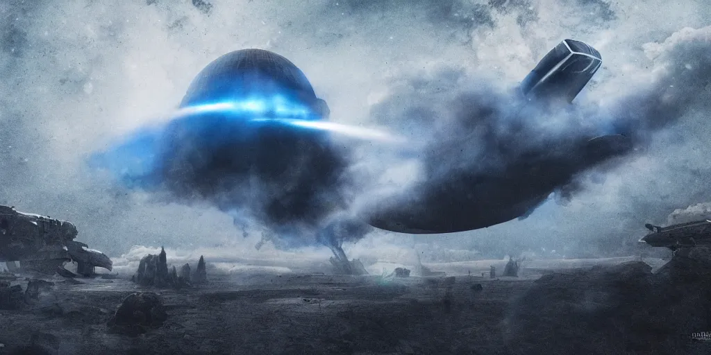 Image similar to giant spaceship lift off from earth, smoke, full of details, dark sci-fi, cold blue colors, matte painting