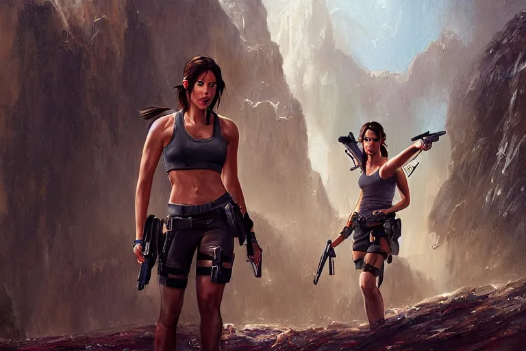 Prompt: film still of aubrey plaza as lara croft, an oil painting by ross tran and thomas kincade