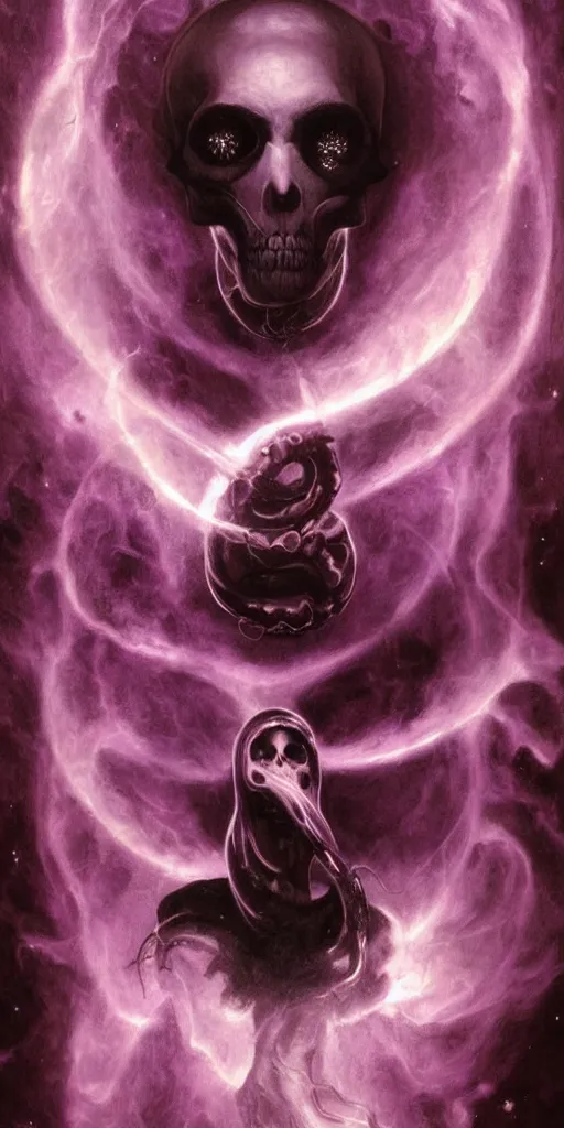 Image similar to intense glowing black metal pagan god with tentacles and intense black eyes with a skull in very dark purple cosmic space nebula by artgerm and alphonse mucha and beksinski, portrait, fantasy, clear, light beams, lens flare, soft, uhd, amazing depth, cinematic lighting, violet and red and black and white and metallic silver