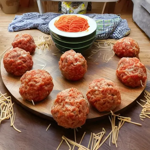 Image similar to spaghetti and meatballs shaped into a living room set