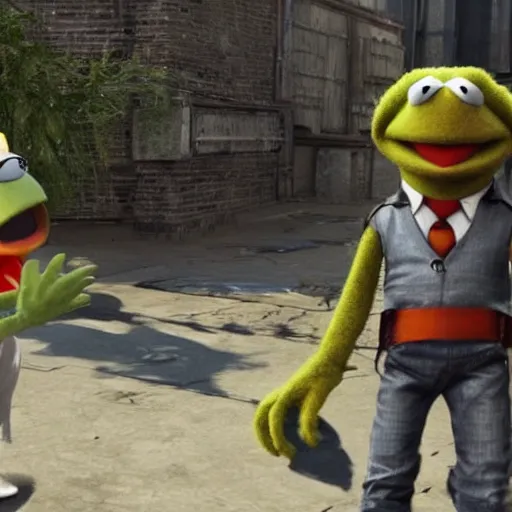 Prompt: a still of from the movie the muppet movie crossover with the game deus ex : mankind divided