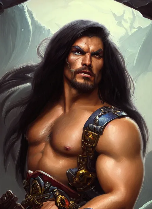 Prompt: a portrait shrewd and insightful character style he - man, long black hair, closeup portrait, sci fi, fantasy, intricate, with german iron cross on bare chest, elegant, loin cloth, highly detailed, oil painting, artstation, concept art, matte, sharp focus, illustration, hearthstone, art by artgerm and greg rutkowski and alphonse mucha