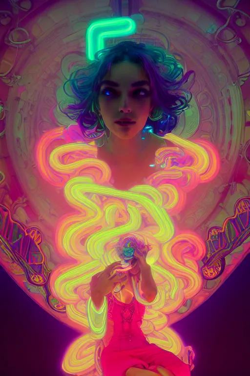 Prompt: a gorgeous woman surrounded by colorful liquid clouds and neon smoke, extremely detailed, psychedelic experience, psilocybin, dmt, lsd, face, highly detailed, artstation, alphonse mucha, hana yata, and artem demura and beeple, octane render, unreal engine, 8 k