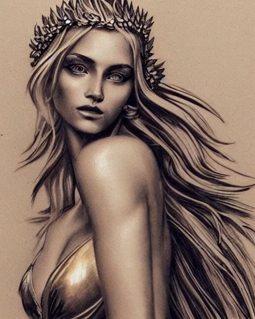 Image similar to tattoo design sketch of hot blonde super model as aphrodite greek goddess wearing a gold laurel wreath and triangle earrings, beautiful piercing gaze with sharp pupils, in the style of greg rutkowski, fantasy, amazing detail, epic, elegant, smooth, sharp focus, front view