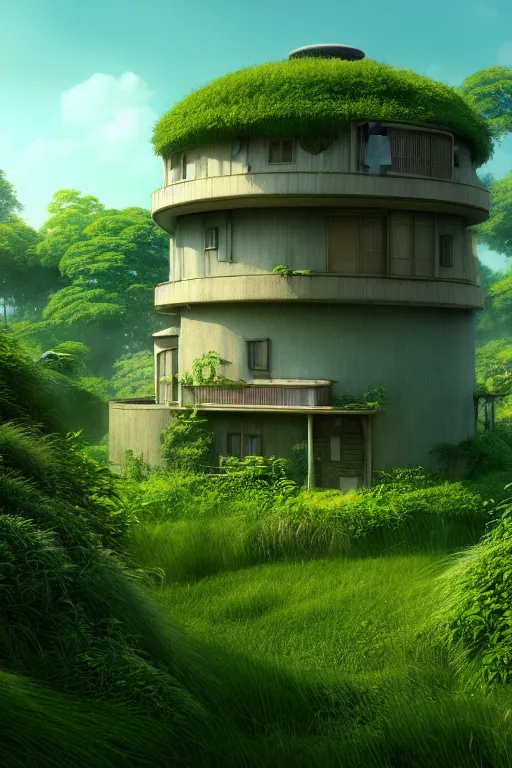 Image similar to cylindrical house, solarpunk, studio ghibli, jean - baptiste monge, octane render, 4 k, overgrown