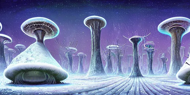 Image similar to painting artic snow covered alien mushroom labyrinth consuming futuristic mega city from blade in the style of florapunk by tomasz alen kopera and daniel lieske with futuristic castle by simon stahlenhag