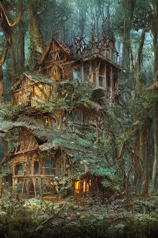 Prompt: an abandoned and overgrown ramshackle multistory hut in the woods, intricate, elegant, fantasy, highly detailed, digital painting, concept art, sharp focus, illustration, artstation, art by James Gurney