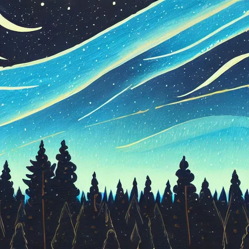 Image similar to a painting of a night sky with stars and trees, poster art by tim biskup, behance contest winner, space art, poster art, wallpaper, digital illustration