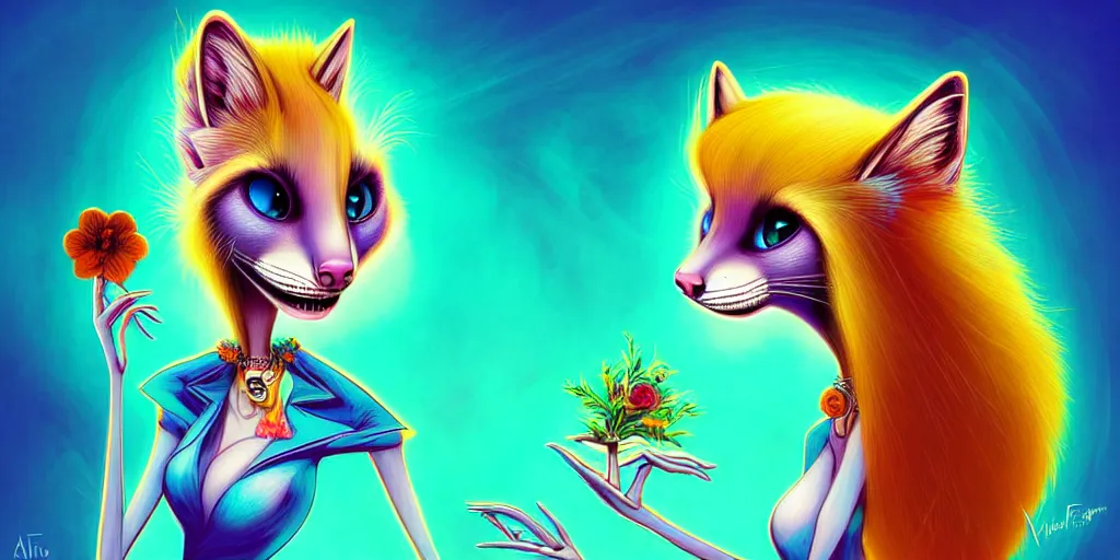 Image similar to curved perspective, extreme narrow, extreme fisheye, digital art of an hallucinogenic female embalmed marten animal wearing jewlery with blonde hairstyle with blue flower in hair by anton fadeev from nightmare before christmas