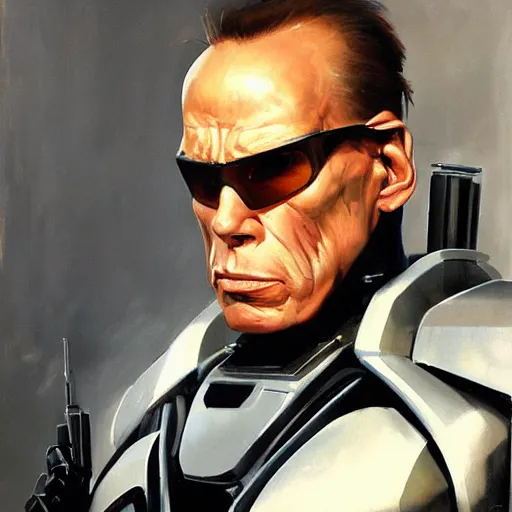 Image similar to greg manchess portrait painting of peter weller combined with the robocop as overwatch character, 8 0 ies aesthetic, medium shot, asymmetrical, profile picture, organic painting, sunny day, matte painting, bold shapes, hard edges, street art, trending on artstation, by huang guangjian and gil elvgren and sachin teng