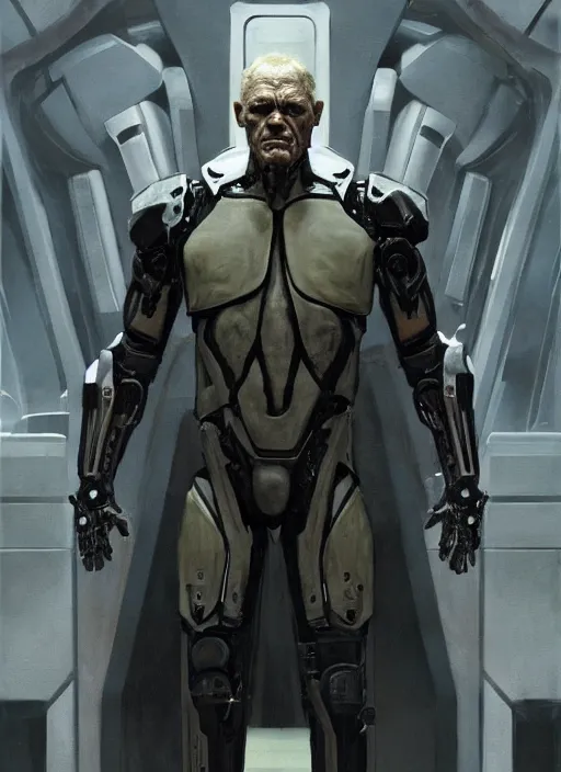 Image similar to malcolm mcdowell as victor stone, full body concept, cyborg, borg, strogg, face of a man, terminator, flesh, quake strogg, doom demon, wolfenstein, monstrous, powerful, symmetry, symmetrical, concept art by ruan jia and greg rutkowski