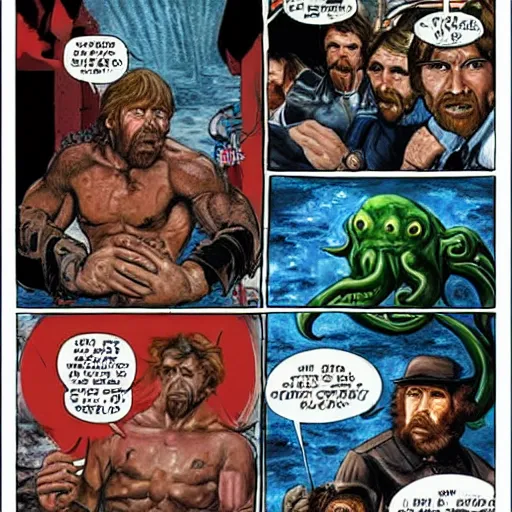 Image similar to chuck norris Fight with the giants cthulhu