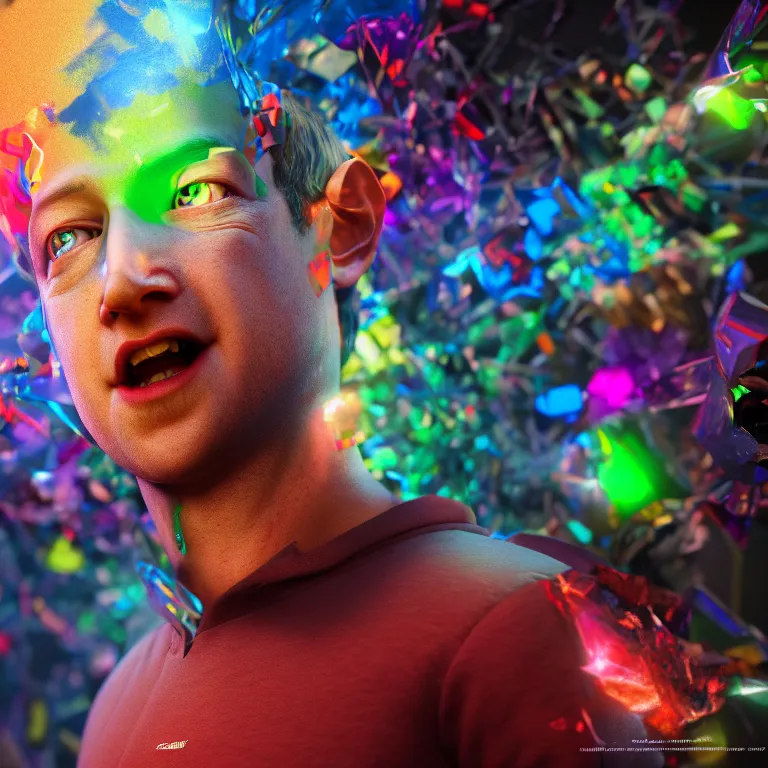 Image similar to a cinematic shot of hyperdimensional jester, mark zuckerberg, mark zuckerberg, mark zuckerberg, quartz, colorful, octane render, volumetric lighting, nvidia raytracing demo, by Andy Thomas, Mario Martinez, Daniel Mirante, Gustave Dore, Artstation, CGsociety, masterpiece