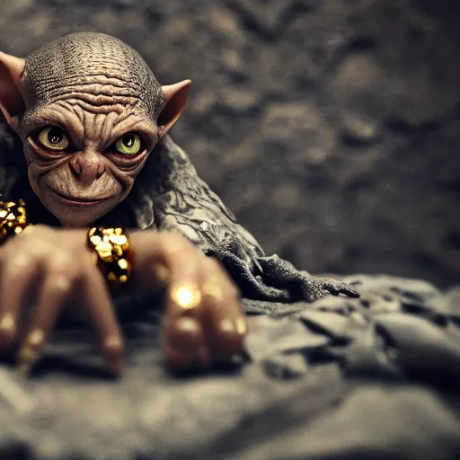 Prompt: gollum couching in a dungeon proudly wearing lots of gold and jewelry and bling, hip hop style, tattoos, lotr, imax, foggy atmosphere, bokeh, professional studio shot, stylized photo, single image