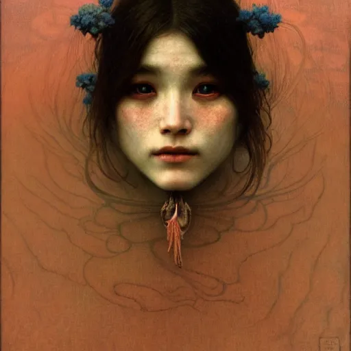 Image similar to by waterhouse, by beksinski, by alphonse mucha, high quality, portrait of a victorian yokai, haunting, photorealism, hyper - realism, octane render, highly detailed, 8 k,