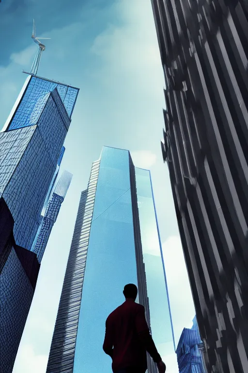Prompt: man larger than skyscrapers walks around the city, low angle shot, highly detailed, digital art, sharp focus, super realistic, ultrarealism, photorealism, trending on artstation, award winning, 4 k post - processing highly detailed