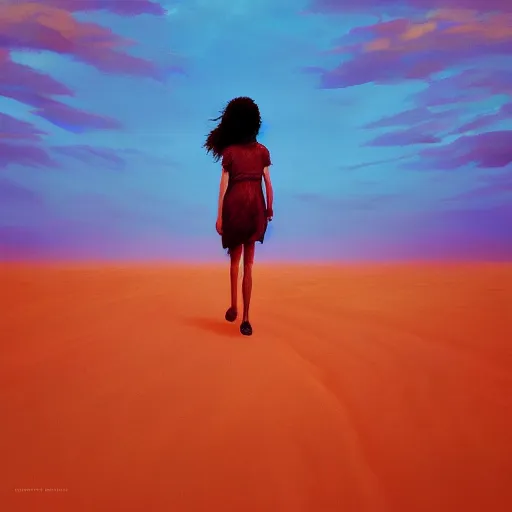 Image similar to closeup giant dahlia flower head, a girl walking between dunes, surreal photography, sunrise, blue sky, dramatic light, impressionist painting, digital painting, artstation, simon stalenhag