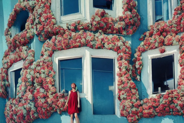 Prompt: giant flower head, girl standing, 1 9 6 0 window, surreal photography, symmetry, mid century, flat perspective, bright colours, blue sky, realistic, wes anderson