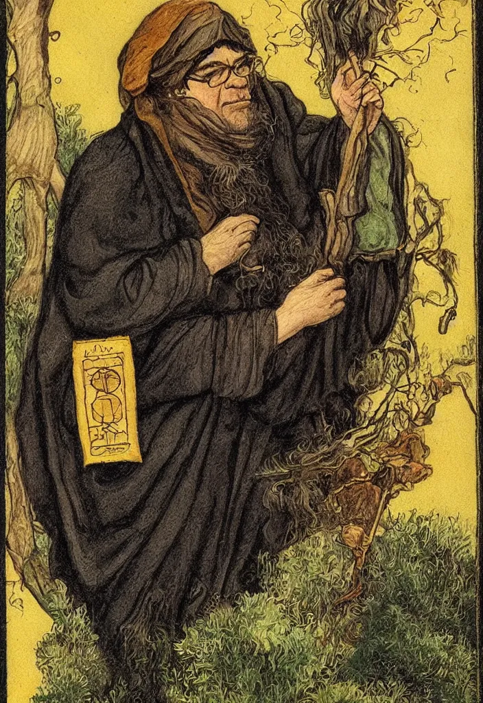 Prompt: Yann LeCun as Hermit on the Rider–Waite tarot. Illustration by preraphaelists.