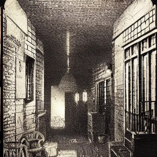 Prompt: a late 19th century London at night themed basement