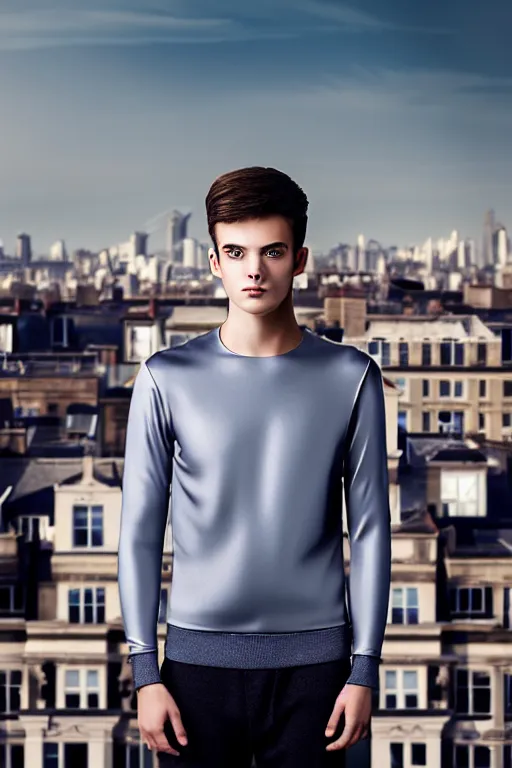 Image similar to un ultra high definition studio quality photographic art portrait of a young man standing on the rooftop of a british apartment building wearing soft padded silver pearlescent clothing. three point light. extremely detailed. golden ratio, ray tracing, volumetric light, shallow depth of field. set dressed.