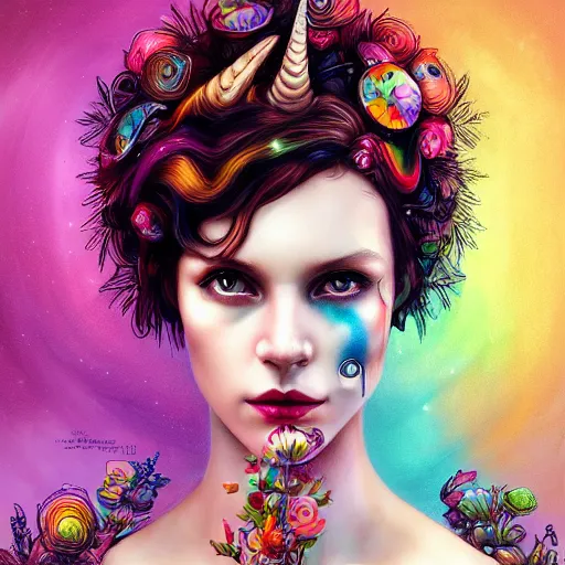 Prompt: Lofi cyberpunk portrait beautiful woman with short brown curly hair, roman face, unicorn, rainbow, floral, Tristan Eaton, Stanley Artgerm, Tom Bagshaw