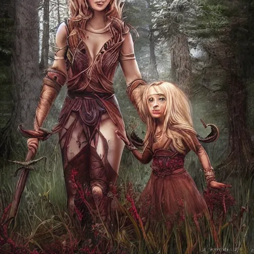 Image similar to sensual girl warrior making a ritual with her daughter in a magical forest by leesha hannigan, fantasy, highly detailed faces, artwork