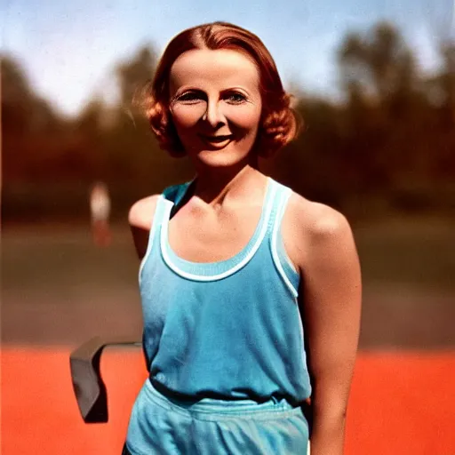 Image similar to a 1 9 2 8 color portrait. calm, happy, healthy, smiling, sporty, young, glowing greta garbo in athletic wear with big smile and healthy teeth. realistic, high quality.