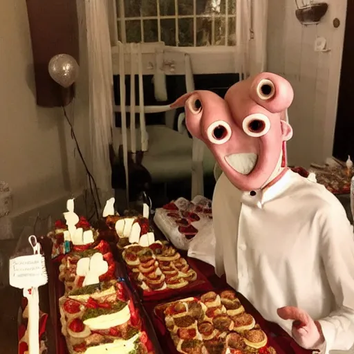 Prompt: the pale man from pan's labyrinth at a birthday party