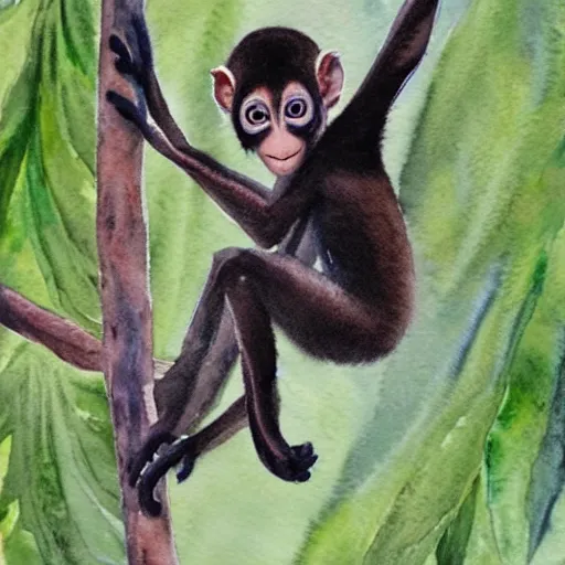 Image similar to A realistic watercolour painting of a baby spider monkey in a tree, fine detail, washed out background