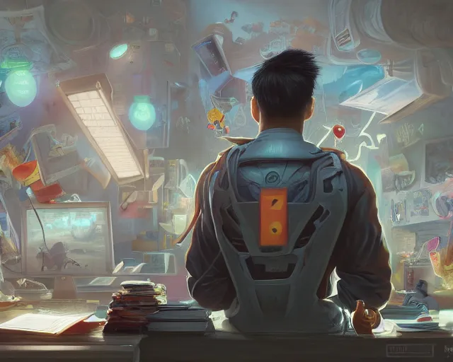 Image similar to an insanely detailed painting of a nerdy asian man wearing a superhero costume, sitting at a desk, staring at the nervously at the computer and typing, in the style of peter mohrbacher, dramatic lighting and composition, octane render, pixar, trending on artstation, concept art, comic book, view from behind